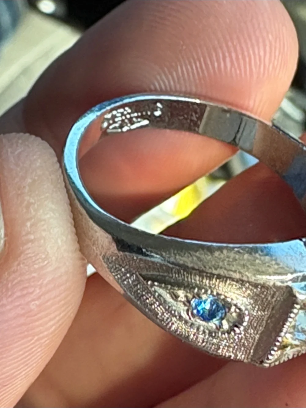 Men's Size 11.5 Silver Tone Signet Ring with Clear Center Stone and Blue Accents